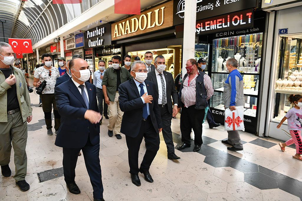 06.08.2020 - Başkan Memduh Büyükkılıç Vali Şehmus Günaydın Kazancılar ve Kapalı Çarşı Maske Denetimi